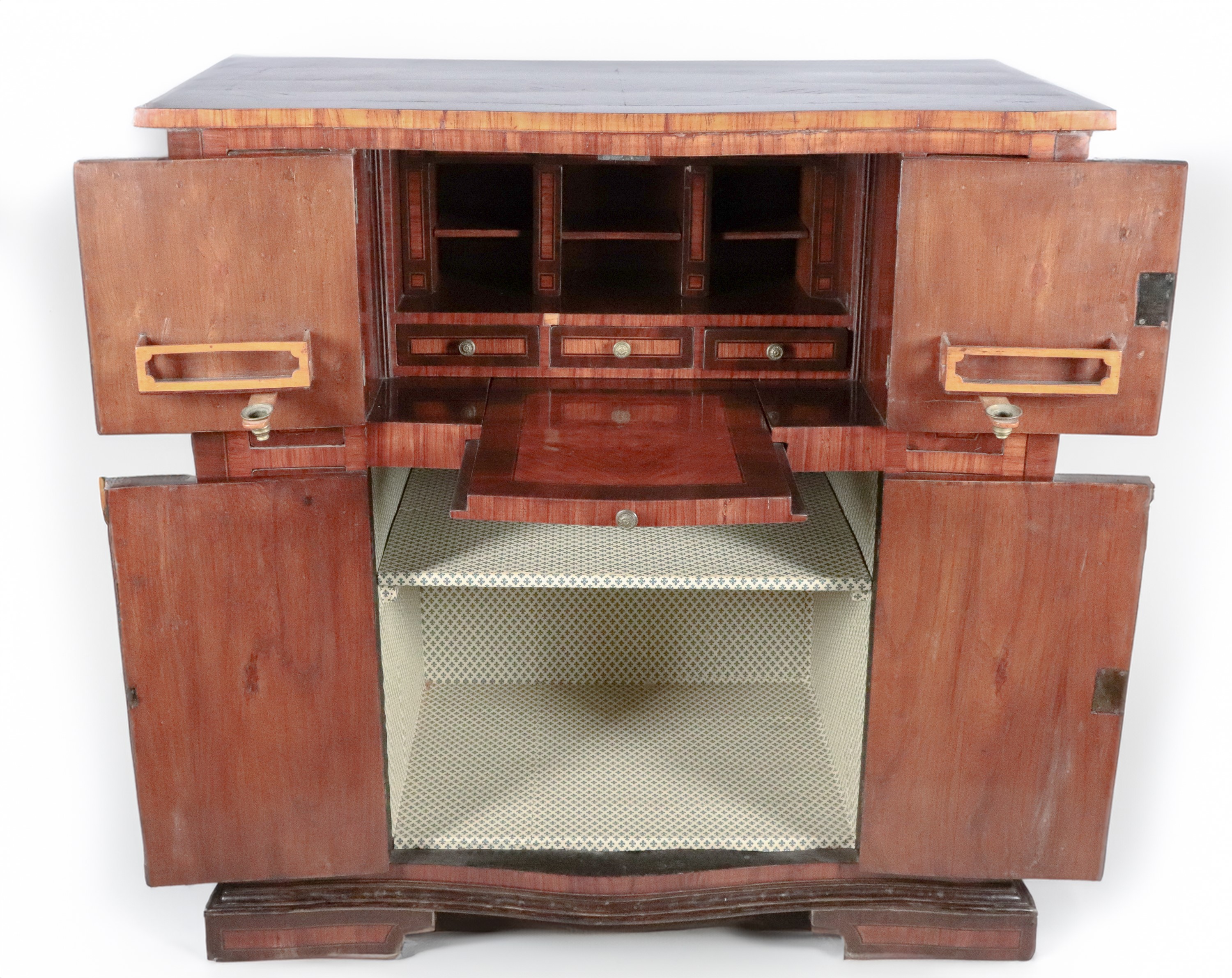 Secretaire francese in bois de rose ed ebano viola, con intarsi a riquadri geometrici e maniglie ...