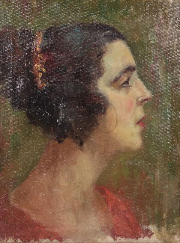 Pittore Italiano Inizio XX Secolo - &quot;Portrait of a female face&quot;, small oil painting on canvas in a gilded wooden frame