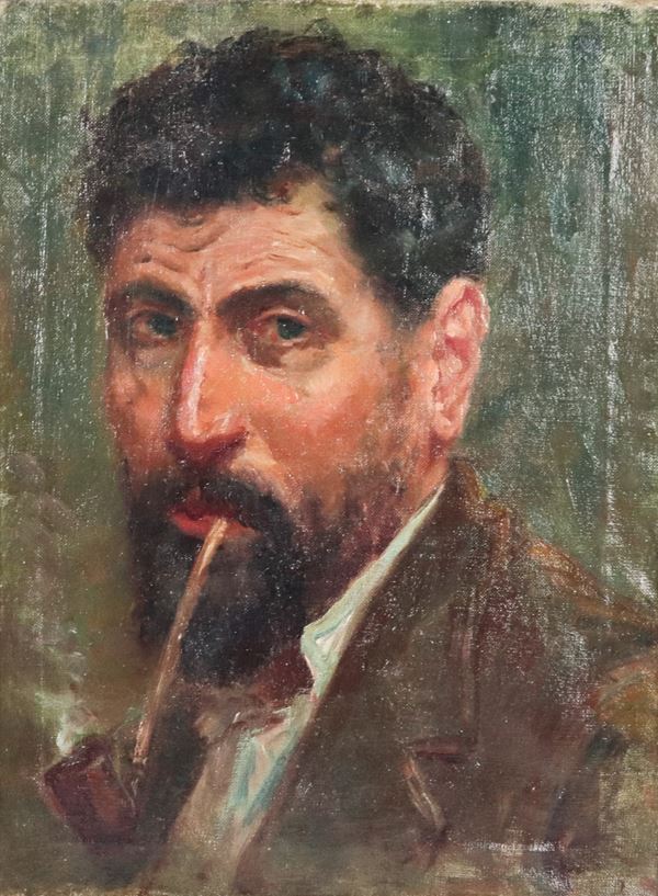 Scuola Italiana Inizio XX Secolo - &quot;Portrait of a man with a pipe&quot;, small oil painting on canvas in a gilded wooden frame