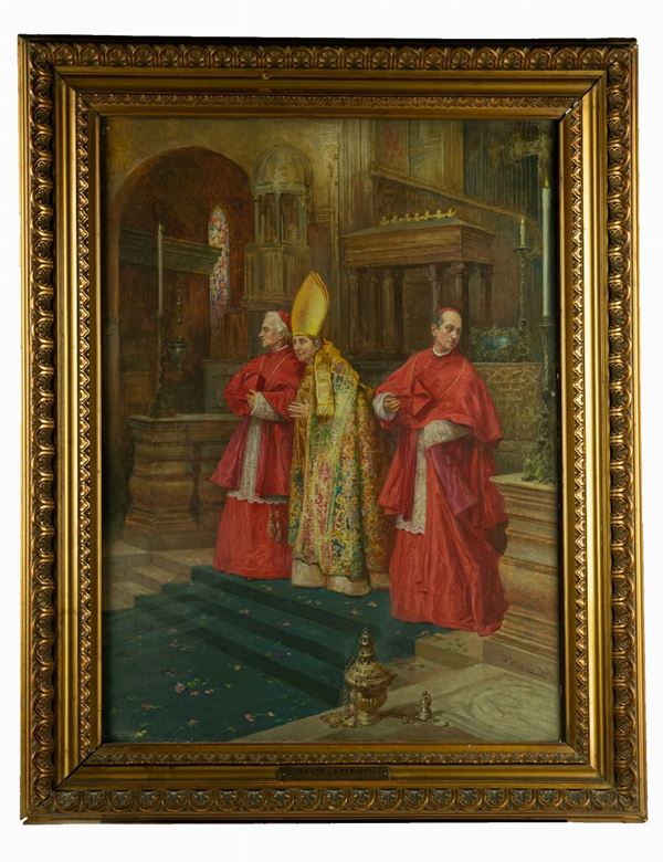 Umberto Cacciarelli - &quot;The Bishop with the cardinals during the ceremony&quot;. Signed and registered in Rome.