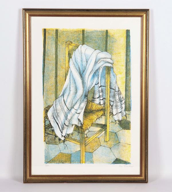 Color lithograph &quot;Interior with chair and blanket&quot; in gilded wooden frame and passepartout