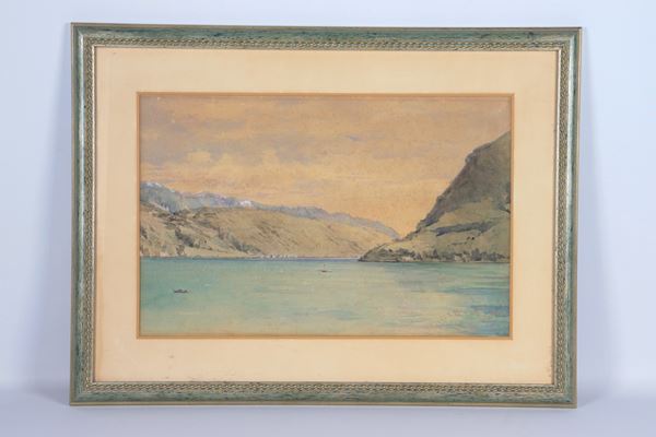 Pittore Italiano XX Secolo - Firmato e iscritto Lugano 20.9.97. "Veduta del lago di Lugano", piccolo acquarello su carta in cornice argentata e passepartout