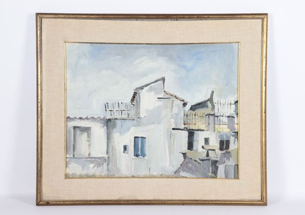 Arte Contemporanea - &quot;View of village houses&quot;, mixed media painting in gilded frame and passepartout