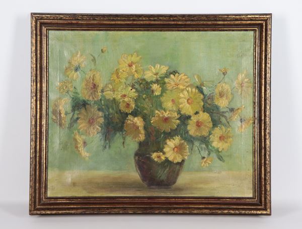 Scuola Italiana Epoca Liberty - &quot;Vase with a bouquet of flowers&quot;, oil painting on canvas in patinated wooden frame