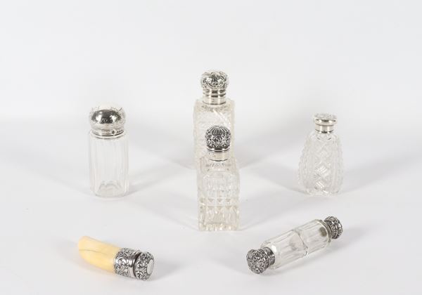 Antique lot of six small perfume bottles in silver and crystal, various shapes and sizes