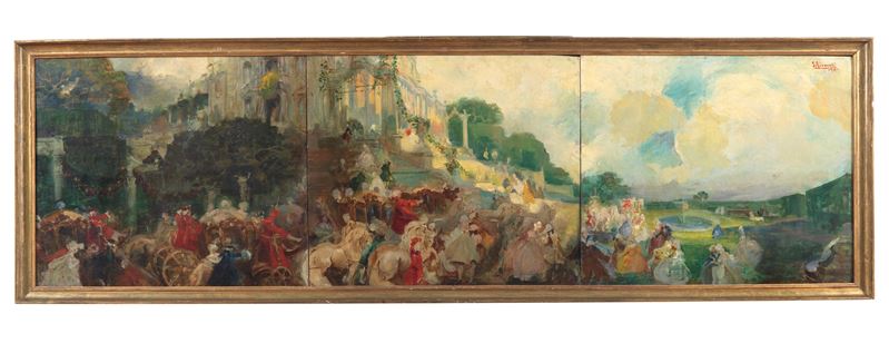 Firmato e datato 1911. "L'arrivo dei nobili alla festa nella villa", grande dipinto ad olio su ta...