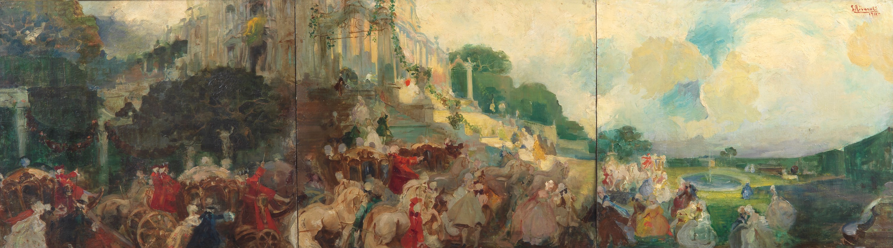 Firmato e datato 1911. "L'arrivo dei nobili alla festa nella villa", grande dipinto ad olio su ta...