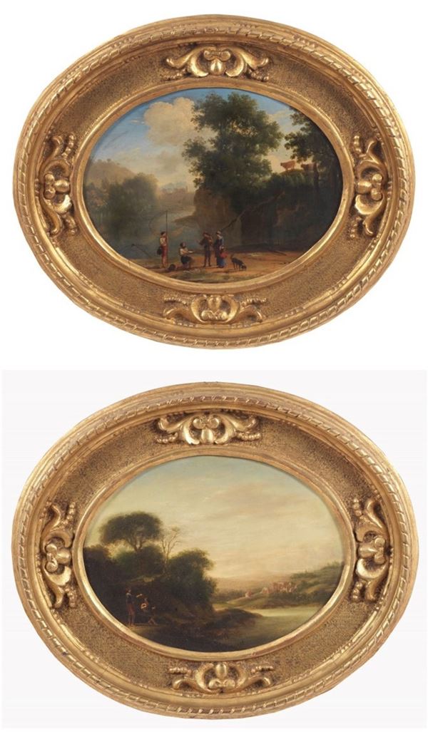 Scuola Italiana Inizio XVIII Secolo - &quot;Landscapes with Horsemen, Wayfarers and Fish Sellers&quot;, a pair of oval paintings on copper in gilded and carved frames