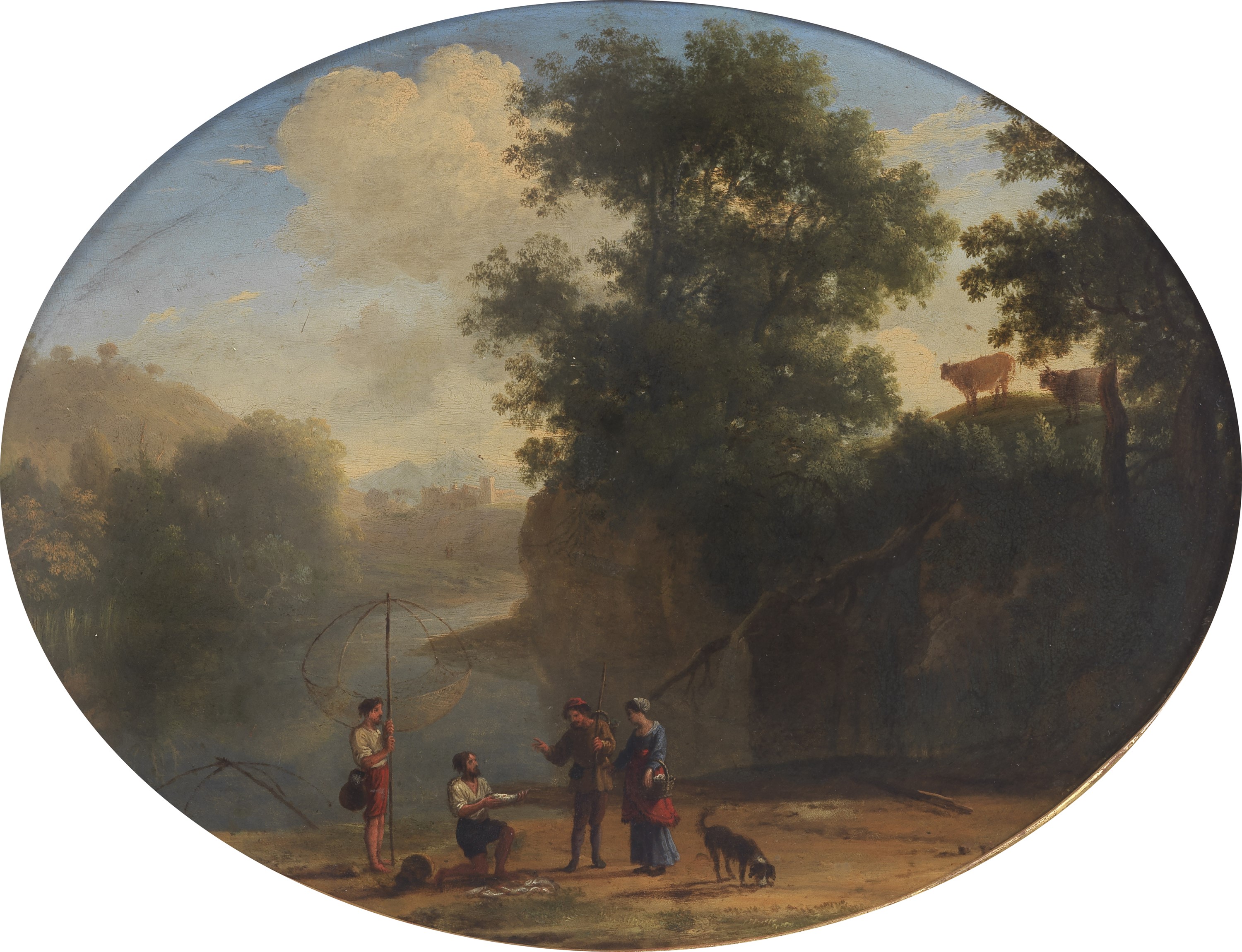 "Paesaggi con cavalieri, viandanti e venditori di pesce", coppia di dipinti ovali su rame in corn...