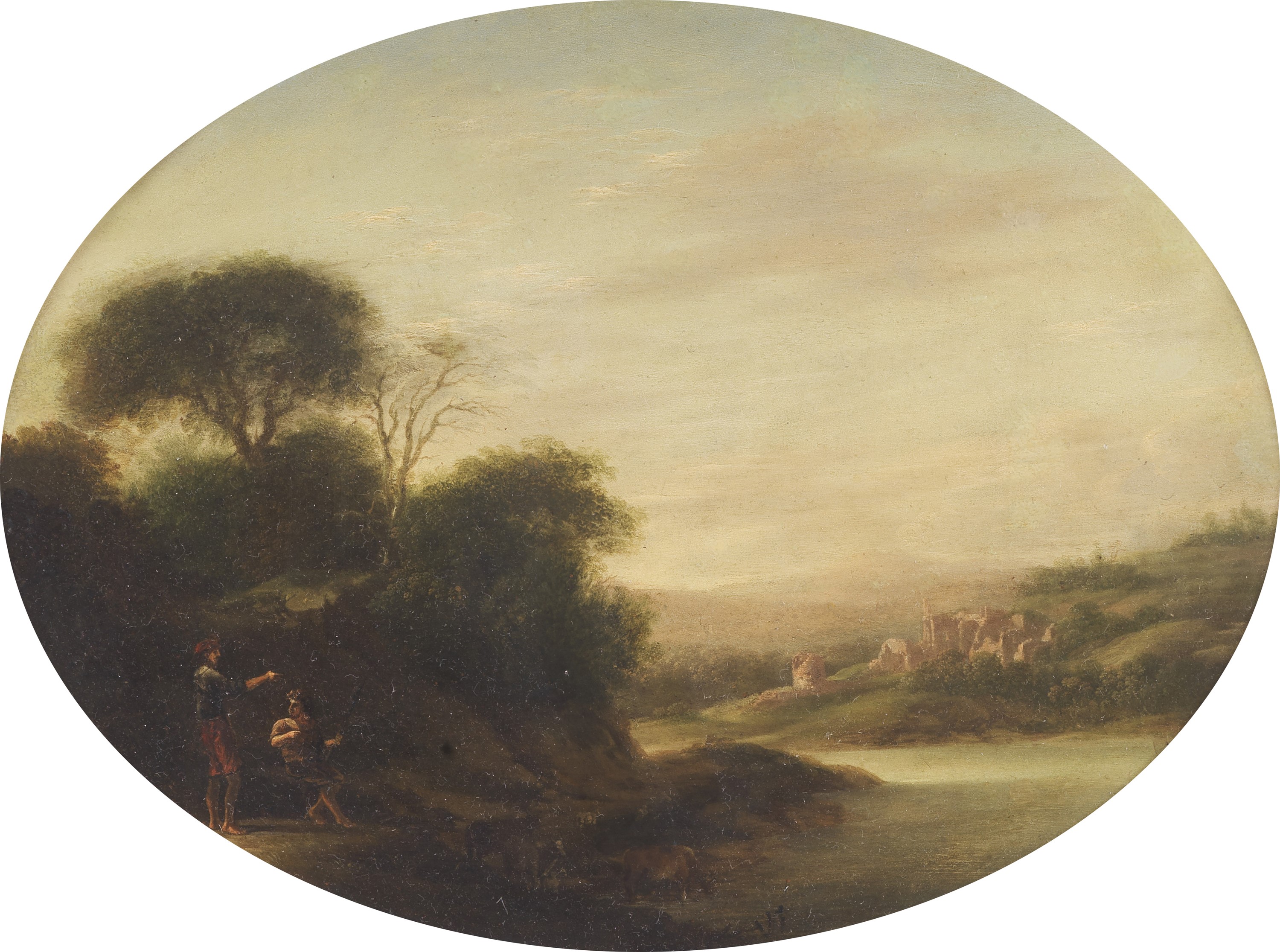 "Paesaggi con cavalieri, viandanti e venditori di pesce", coppia di dipinti ovali su rame in corn...