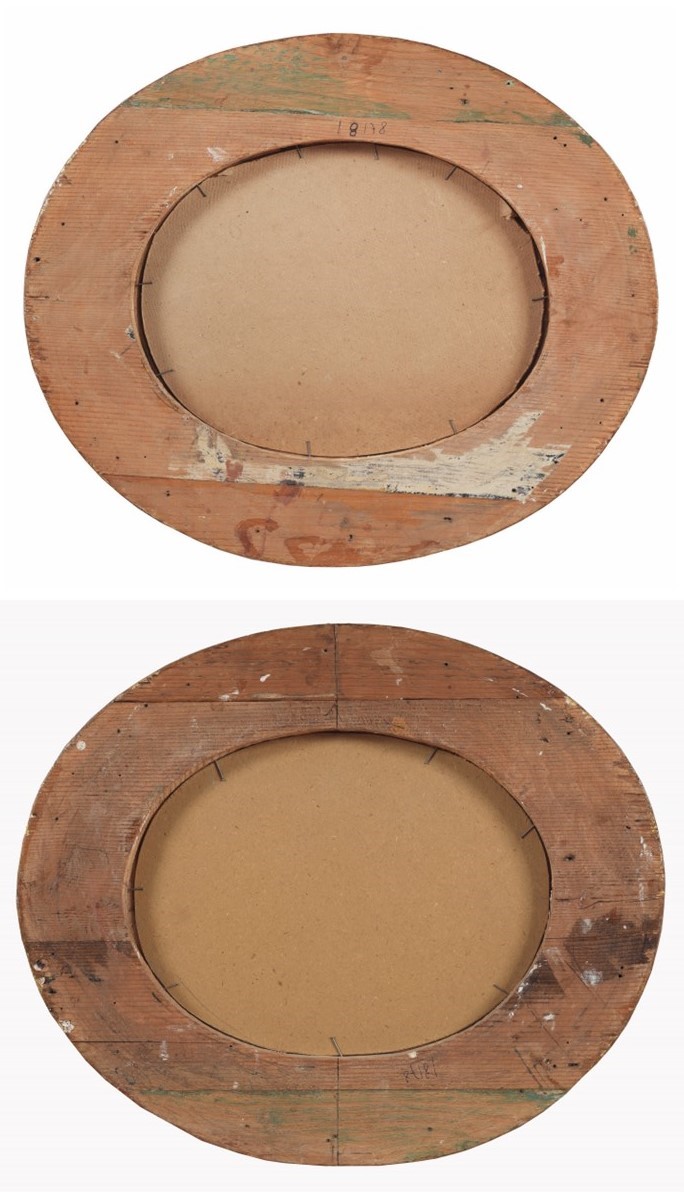 "Paesaggi con cavalieri, viandanti e venditori di pesce", coppia di dipinti ovali su rame in corn...