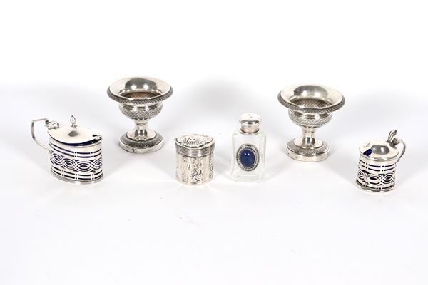 Antique silver lot of a pair of salt shakers, two small mustard jars, a pill box and a perfume bottle (6 pcs), 170 gr.