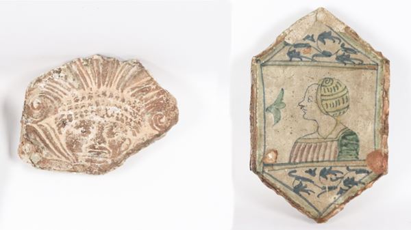 Lot of two ancient decorated tiles, defects