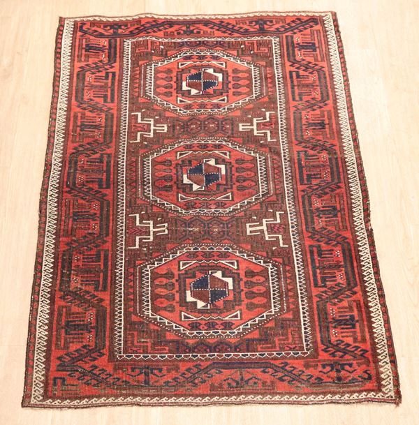 Persian Shirvan rug with geometric designs on red and white background