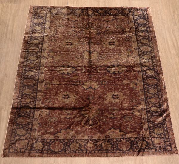 Kayseri silk rug with geometric floral designs on brown background and blue border