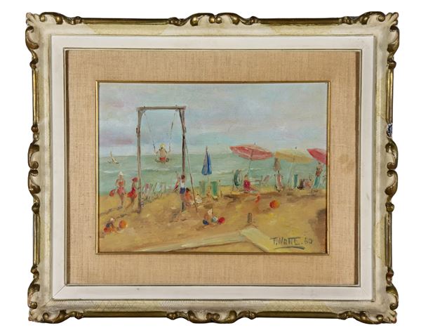 Teresa Sacchi Notte - &quot;Signed and dated 1960. &quot;Games on the beach&quot;, oil painting on cardboard, white and gold lacquered frame