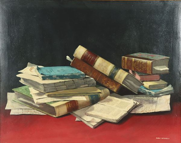 Piero Antonelli - Firmato. "Natura morta con libri", dipinto ad olio su tela, cornice in legno dorato