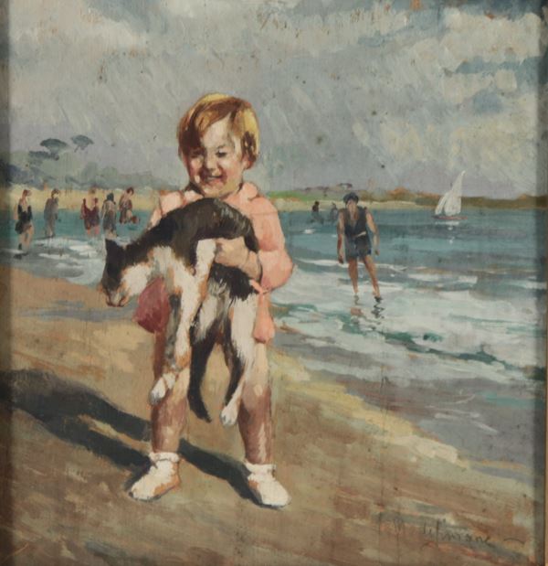 Michele De Simone - Firmato."Bambino con gattino in riva al mare", piccolo dipinto ad olio in cornice in legno dorato