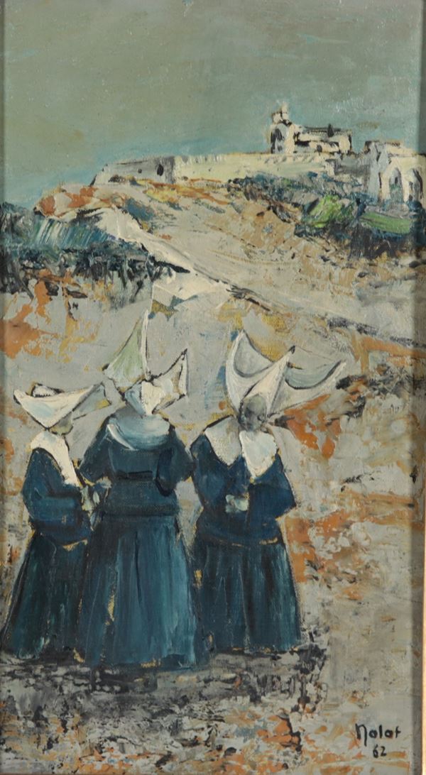 Pittore Francese Met&#224; del XX Secolo - Signed and dated 1962. &quot;View of the Collegiale Notre-Dame de Villeneuve-lès-Avignon with the nuns walking&quot;, small oil painting on canvas, silvered wooden frame in Mecca