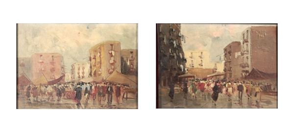 Pittore Napoletano Inizio XX Secolo - Signed. &quot;Neapolitan local market&quot;, pair of small oil paintings on plywood, gilded wood and walnut frames