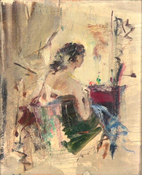 Scuola Italiana Inizio XX Secolo - &quot;Girl at her dressing table&quot;, small sketch painted in oil on board in a silvered wooden frame