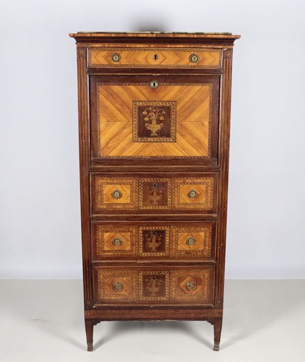 Antique Louis XVI style secretaire in mahogany, rosewood and ironwood, with inlays of interwoven cord motifs and vases with flowers, a drop-leaf forming a writing desk and drawers inside, one upper drawer and three lower drawers, marble top and four inverted pyramid-shaped legs