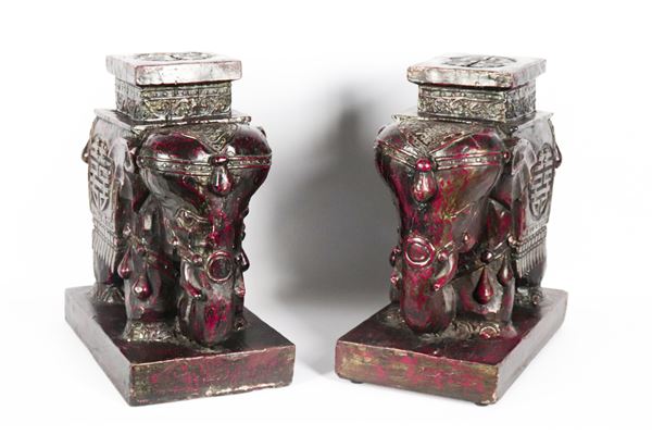 Pair of Chinese stools in the shape of elephants in decorated and carved wood