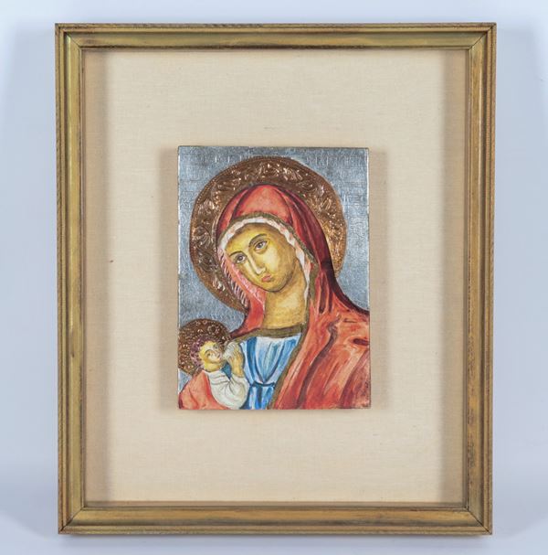 &quot;Madonna with Child&quot;, small icon painted on wood in a golden frame