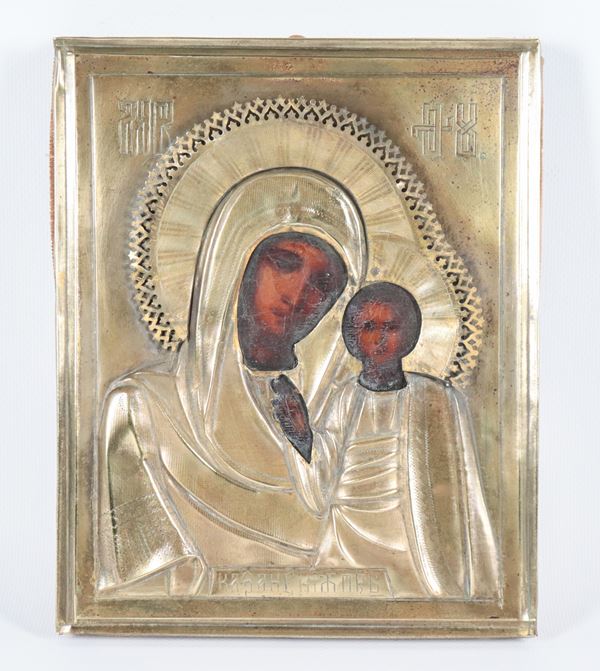 &quot;Mother of God of Iver&quot;, ancient Russian icon painted on board with silver and gilded metal frame