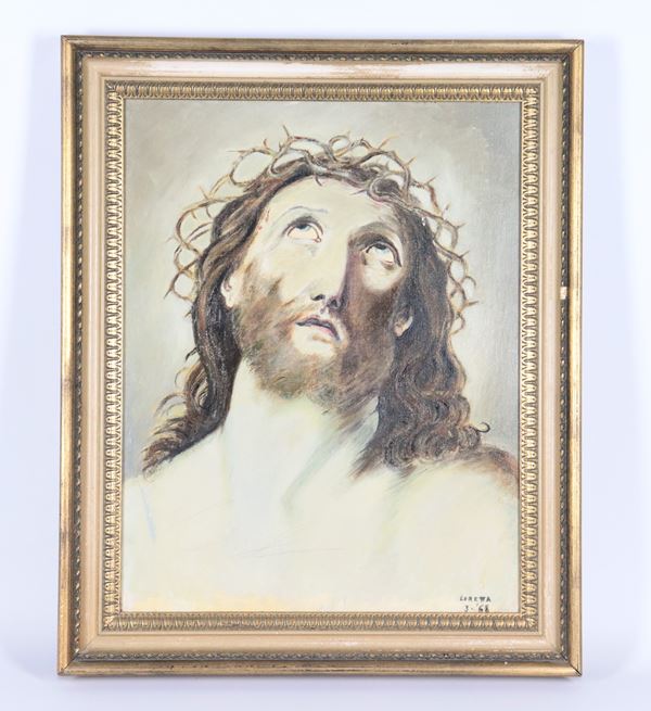 Pittrice Contemporanea - Firmato e datato 1968. "Ecce Homo", dipinto ad olio su tela in cornice decapè intagliata