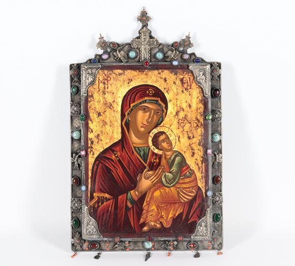 &quot;Mother of God&quot;, Russian icon painted on wood in a chiseled and embossed copper frame with applications of semiprecious stones