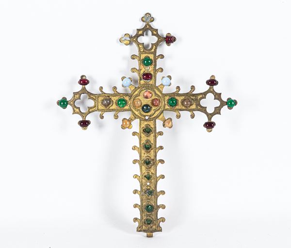 Antique Orthodox cross in gilded bronze with applications of various hard stones