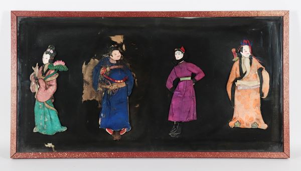 &quot;Japanese theater characters&quot;, lot of 4 collages in cloth on black background, decorated wooden frames. Various defects