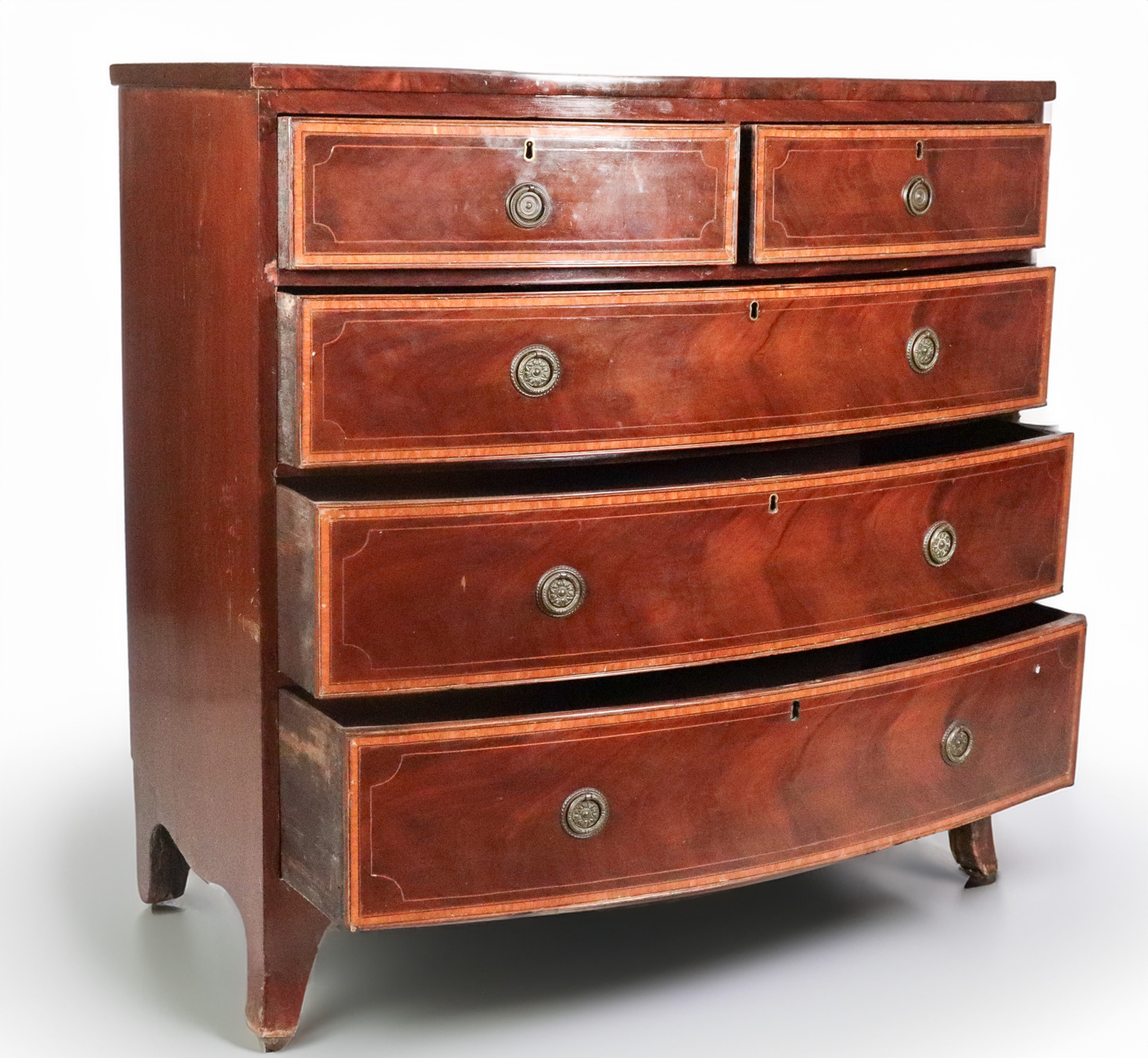 Comò da bordo inglese Epoca Regina Vittoria, in mogano e piuma di mogano con filettature intarsia...