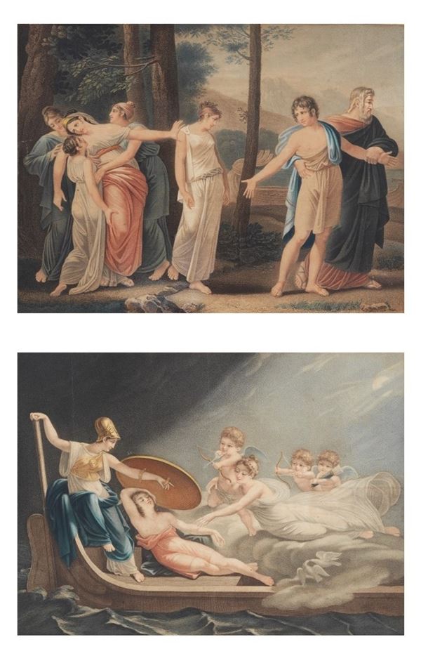 &quot;Mythological Subjects&quot;, a pair of ancient watercolour engravings in walnut frames and passepartout