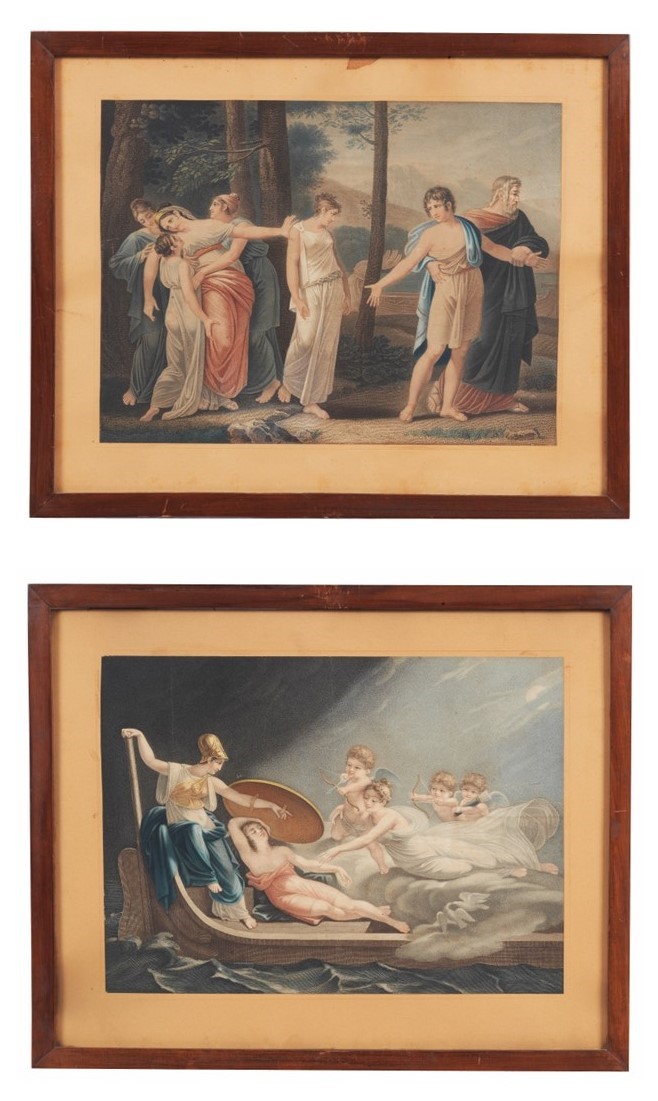 "Soggetti mitologici", coppia di antiche incisioni acquarellate in cornici in noce e passepartout