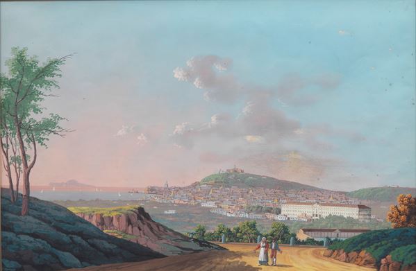 Scuola Napoletana Seconda Met&#224; XIX Secolo - &quot;View of Naples with the Albergo dei Poveri and travelling peasants&quot;, ancient Neapolitan gouache painted on paper in a gilded frame and passepartout