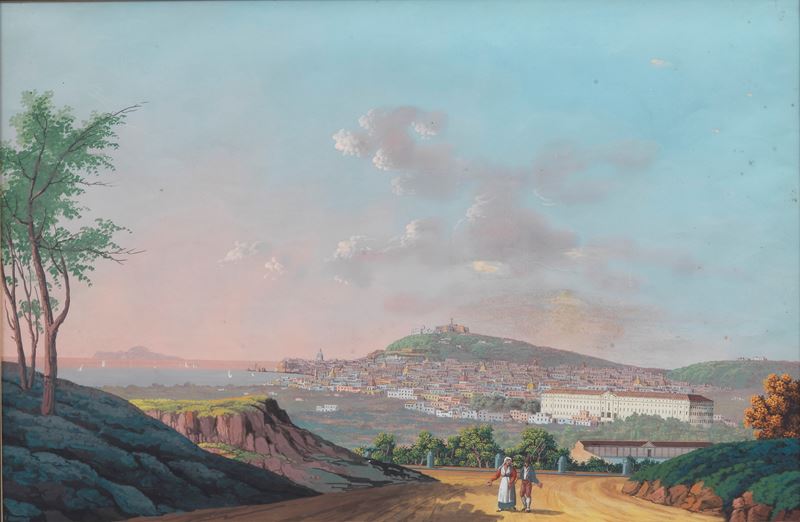 "Veduta di Napoli con l'Albergo dei Poveri e contadini viandanti", antica gouache napoletana dipi...
