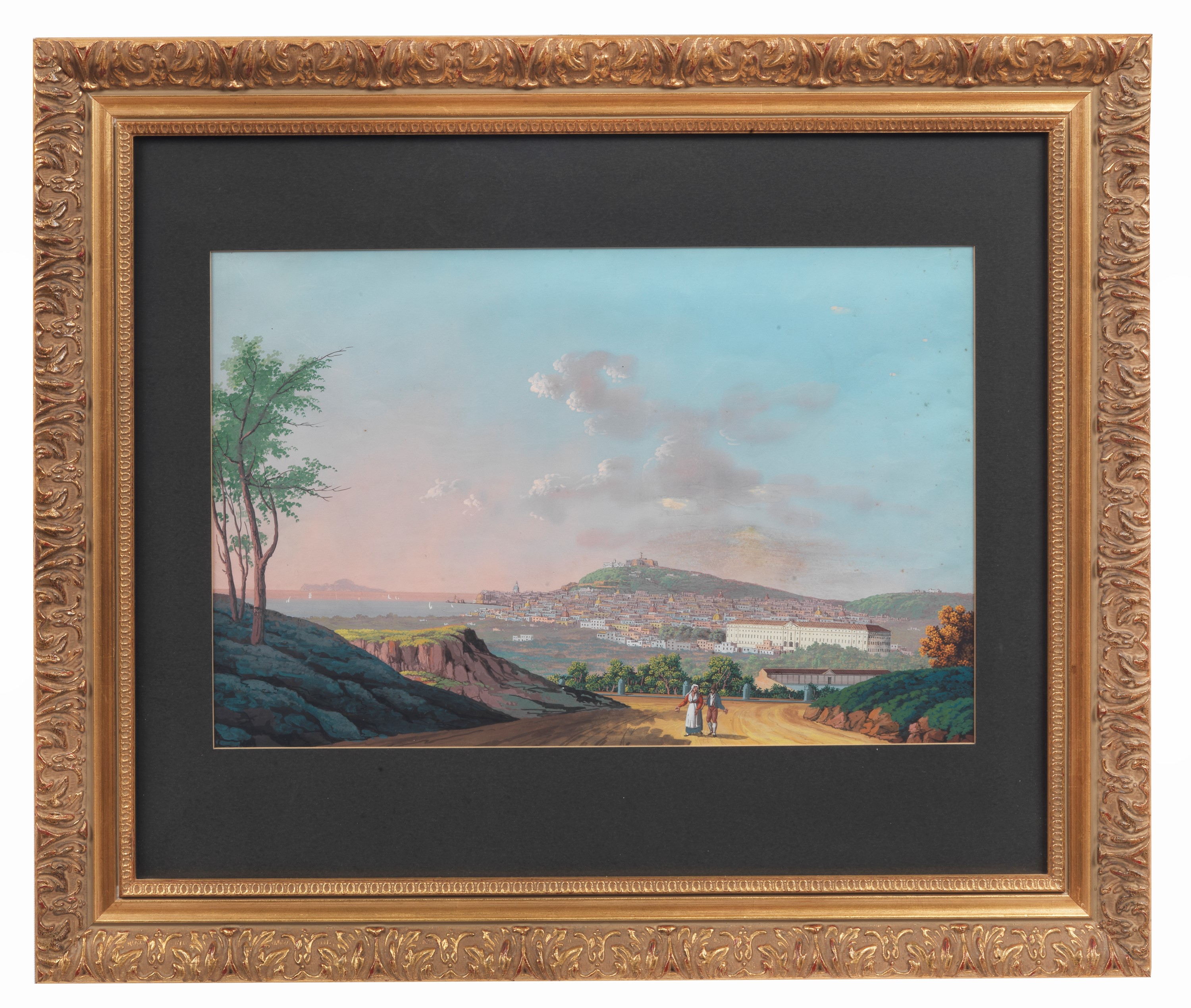 "Veduta di Napoli con l'Albergo dei Poveri e contadini viandanti", antica gouache napoletana dipi...