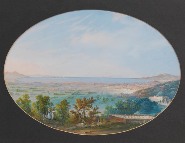 Scuola Napoletana Seconda Met&#224; XIX Secolo - &quot;View of Naples with the Gulf and the Royal Palace of Procida&quot;, ancient Neapolitan oval gouache painted on paper in a gilded wooden frame and passepartout