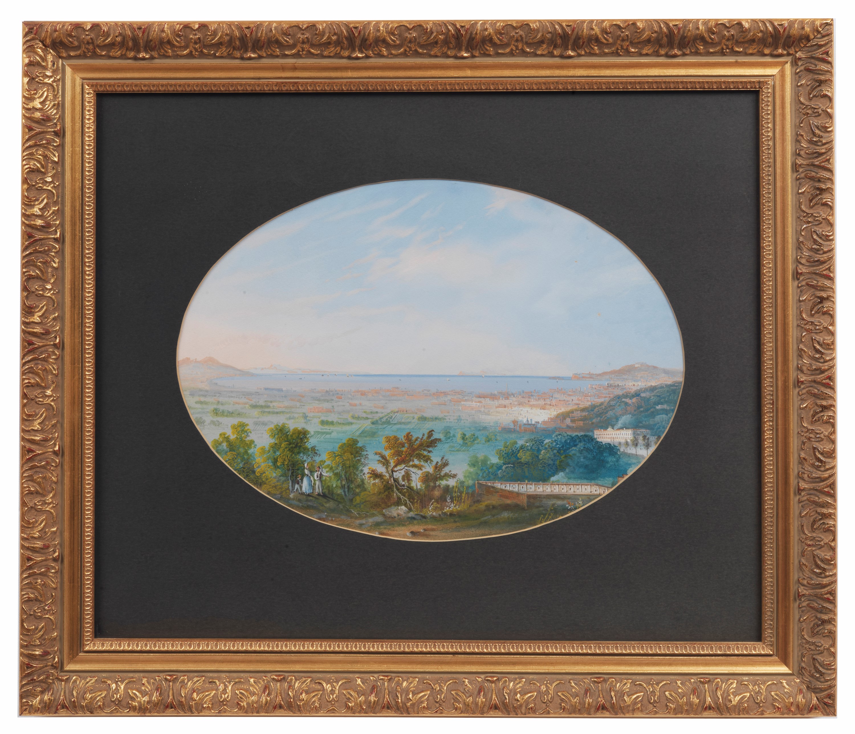 "Veduta di Napoli con il Golfo e il Palazzo Reale di Procida", antica gouache napoletana ovale di...