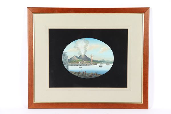 "Veduta del Vesuvio con barche e pescatori", gouache napoletana a forma ovale, cornice in noce e passepartout