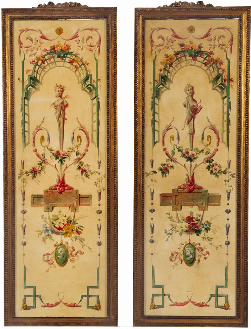 "Allegorie architettoniche floreali", coppia di dipinti ad olio su tela in cornici in legno dorat...