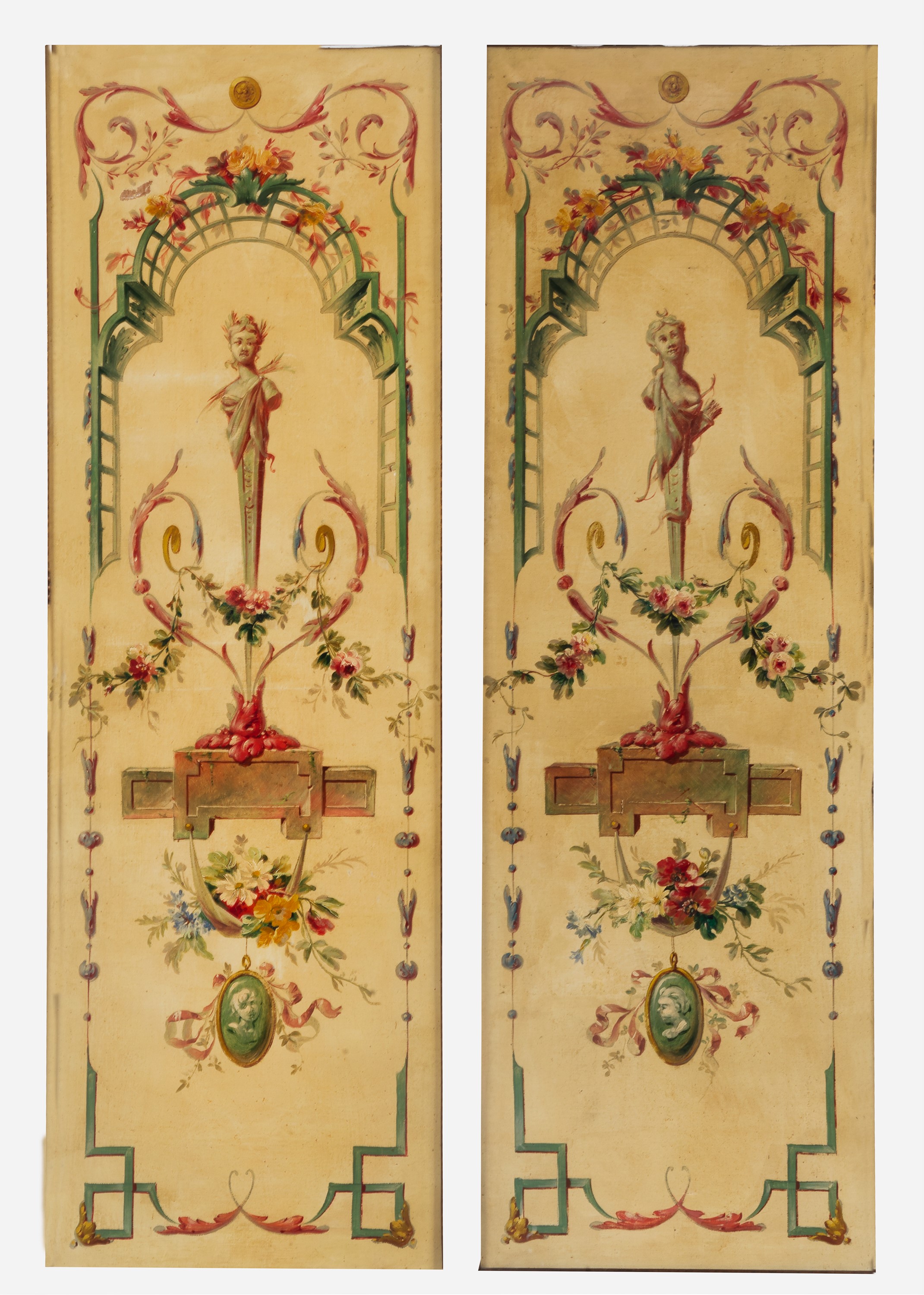"Allegorie architettoniche floreali", coppia di dipinti ad olio su tela in cornici in legno dorat...