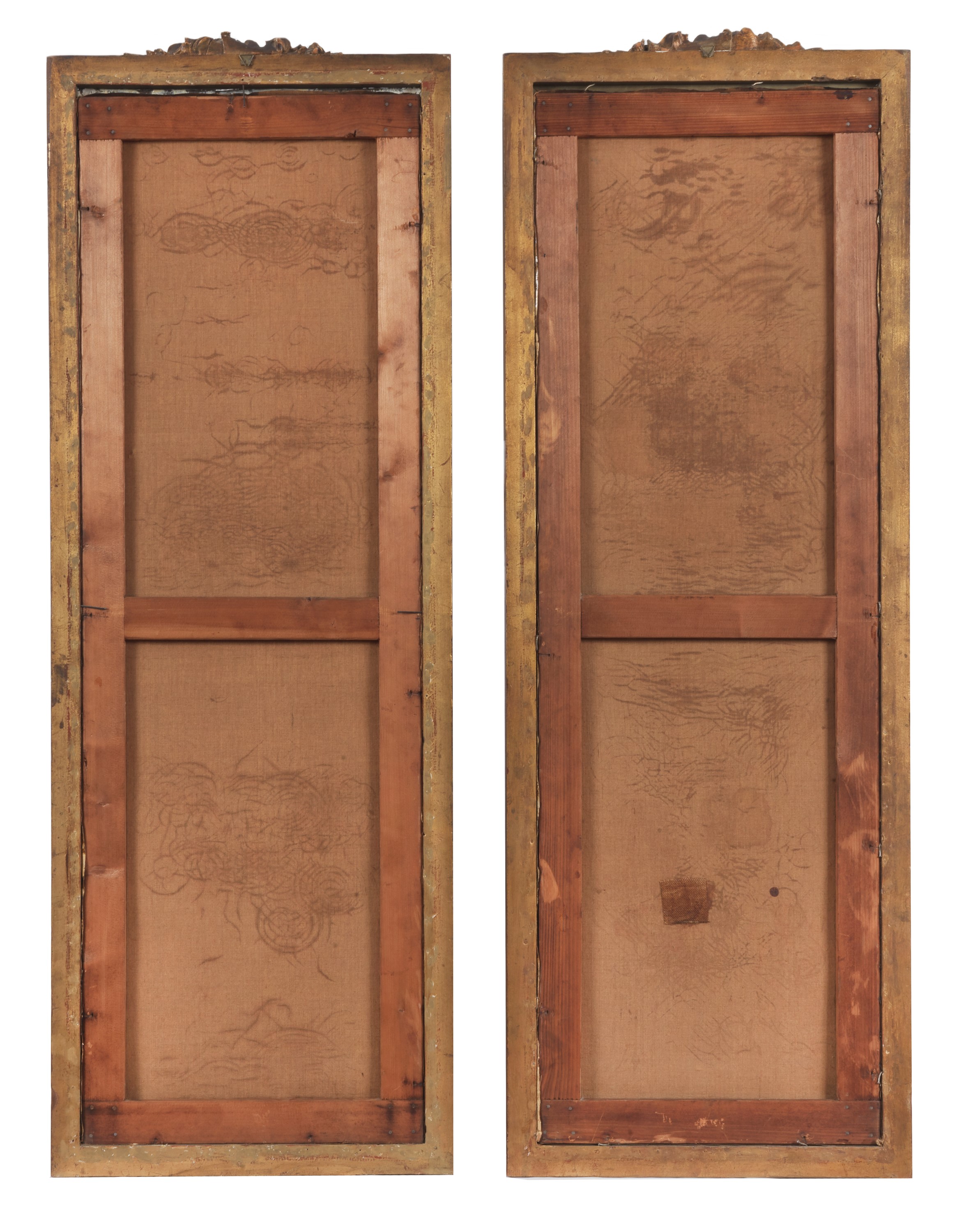 "Allegorie architettoniche floreali", coppia di dipinti ad olio su tela in cornici in legno dorat...