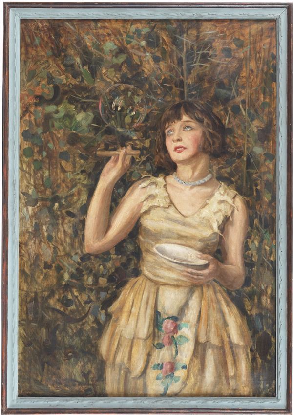 Vincenzo San Malato - Firmato e datato 1930. "Ragazza che gioca con le bolle di sapone", dipinto ad olio su tela di ottima esecuzione pittorica in cornice decorata, cm 120 x 82