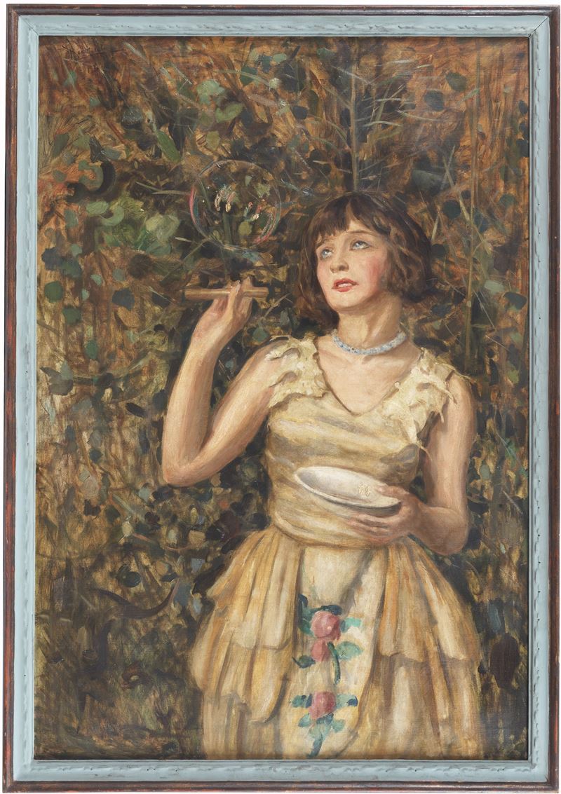 Firmato e datato 1930. "Ragazza che gioca con le bolle di sapone", dipinto ad olio su tela di ott...