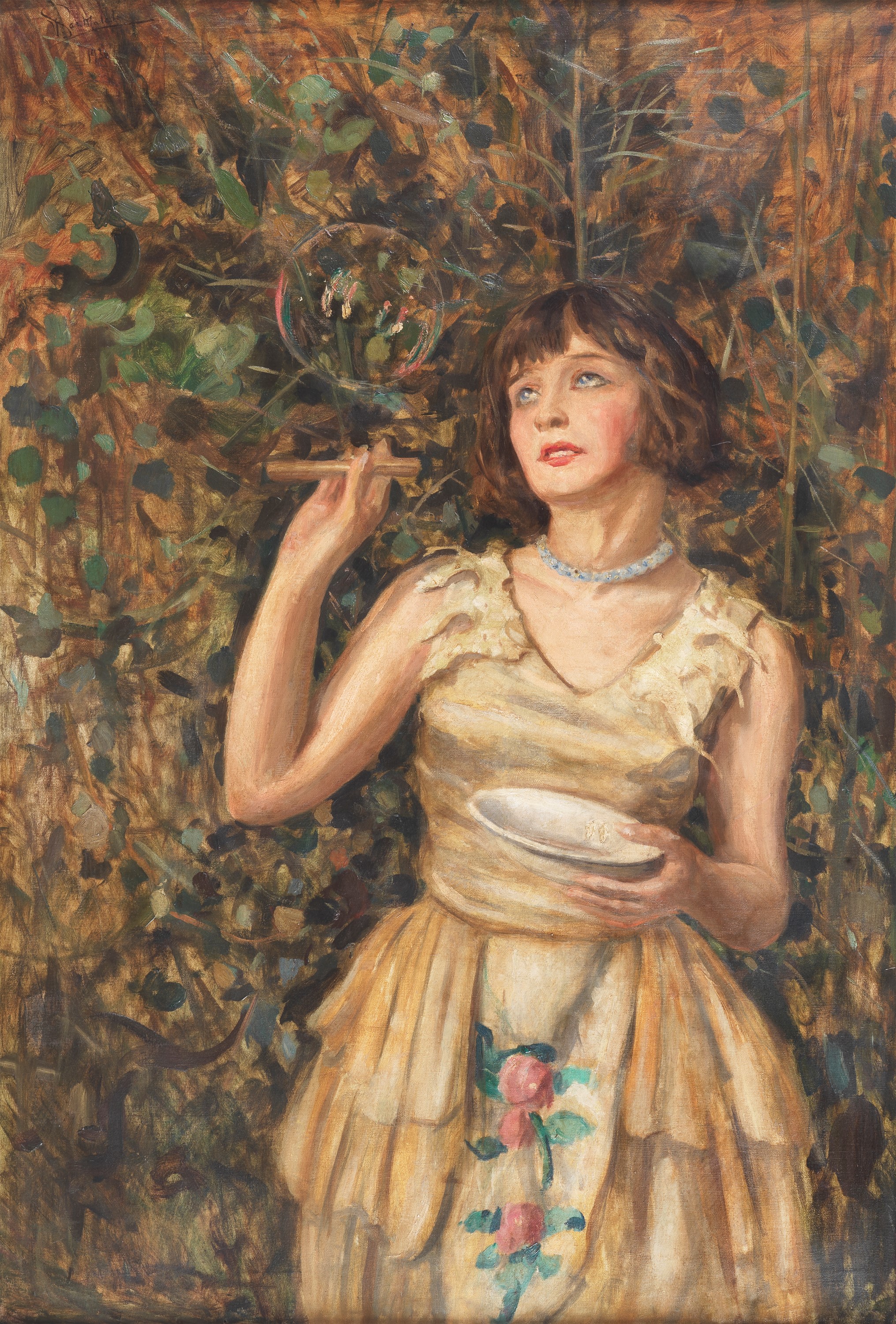 Firmato e datato 1930. "Ragazza che gioca con le bolle di sapone", dipinto ad olio su tela di ott...