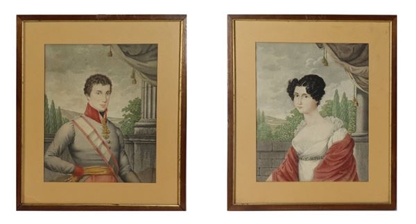 &quot;Nobleman and noblewoman&quot;, pair of watercolour engravings on paper, walnut frames and passepartout. Empire period 