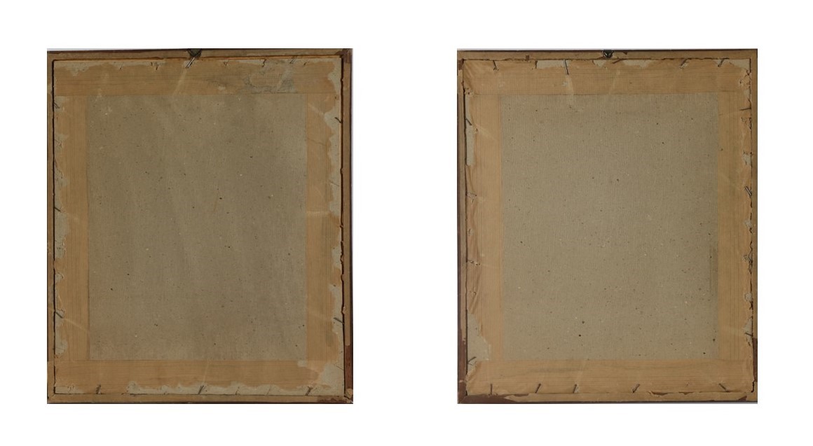 "Nobiluomo e nobildonna", coppia di incisioni acquarellate su carta, cornicette in noce e passepa...